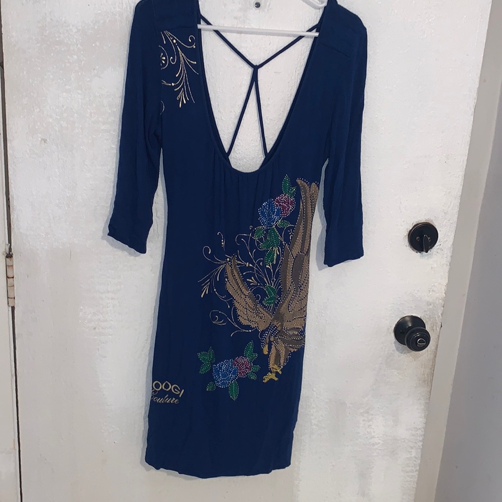 Blue embellished medium Coogi Couture dress w/straps to accent the upper back